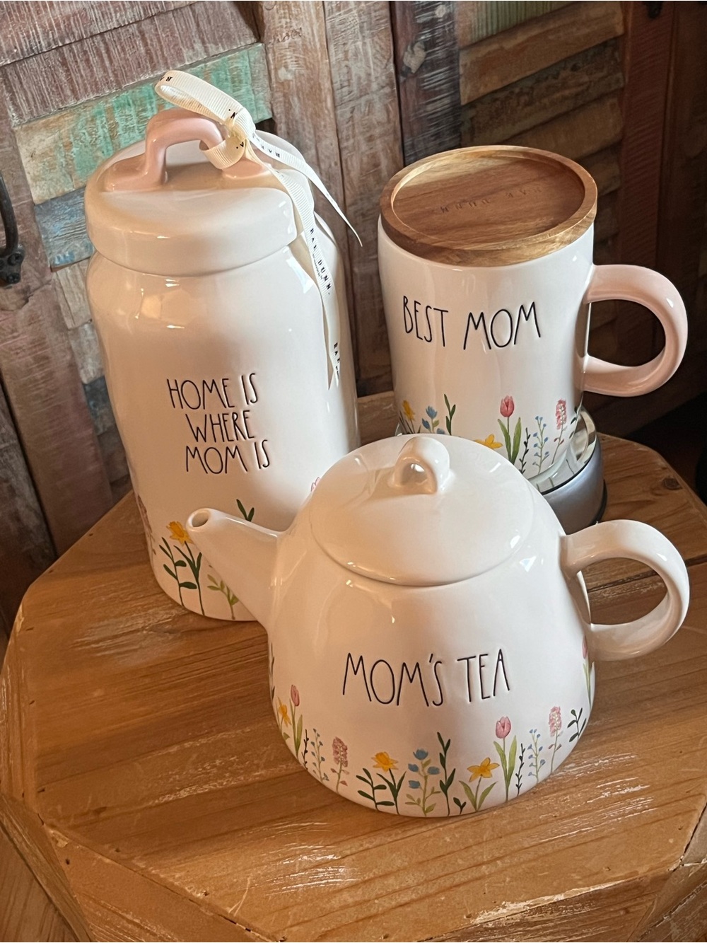 NWT Rae Dunn Mom’s Tea/Best Mom/Home Floral 3-Pc Bundle: Canister, Teapot & Mug